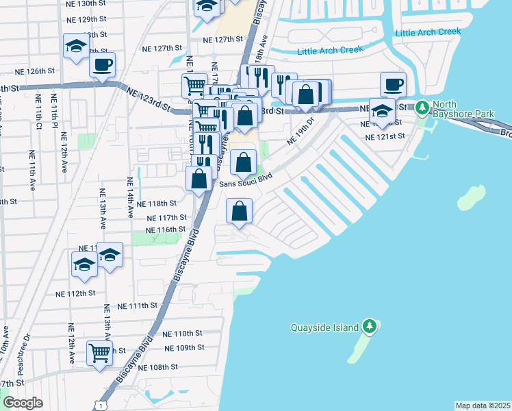 map of restaurants, bars, coffee shops, grocery stores, and more near 11655 Northeast 20th Drive in North Miami