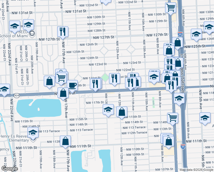 map of restaurants, bars, coffee shops, grocery stores, and more near 1270 Northwest 120th Street in North Miami
