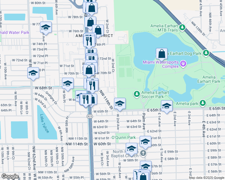 map of restaurants, bars, coffee shops, grocery stores, and more near 210 West 68th Street in Hialeah