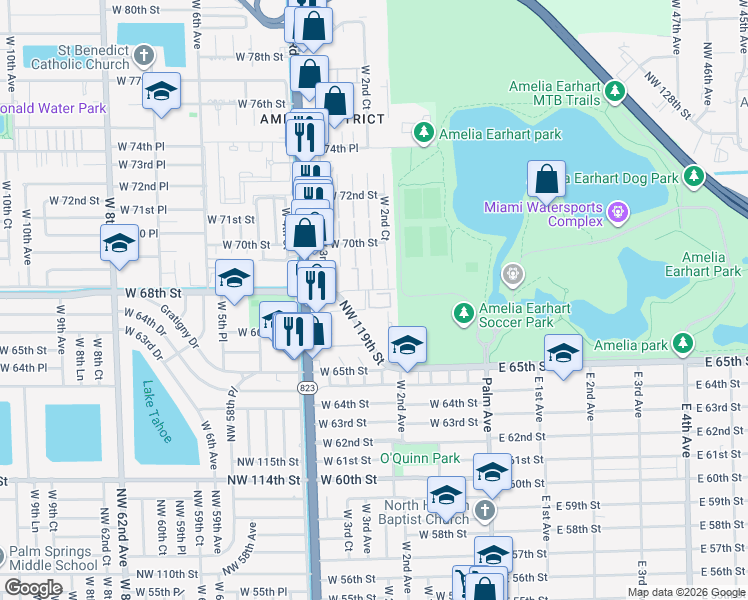 map of restaurants, bars, coffee shops, grocery stores, and more near 211 West 68th Street in Hialeah