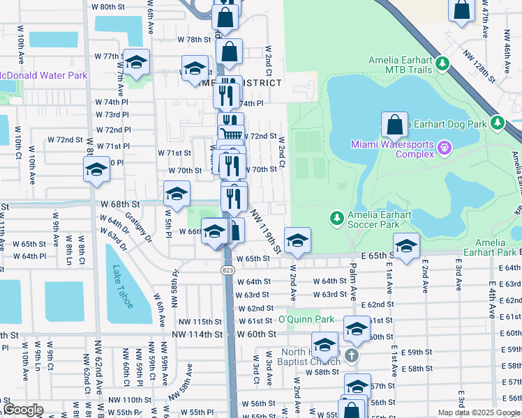 map of restaurants, bars, coffee shops, grocery stores, and more near 211 West 68th Street in Hialeah