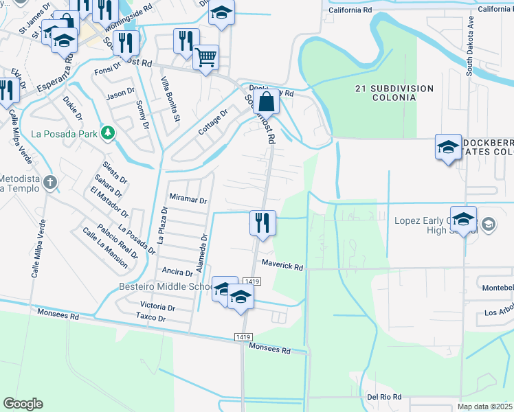 map of restaurants, bars, coffee shops, grocery stores, and more near 5832 Southmost Road in Brownsville