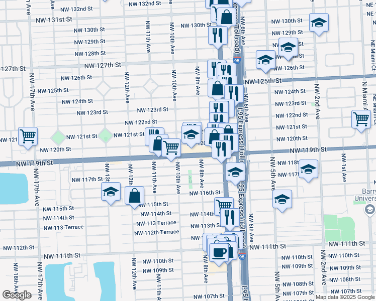 map of restaurants, bars, coffee shops, grocery stores, and more near 843 Northwest 119th Street in North Miami