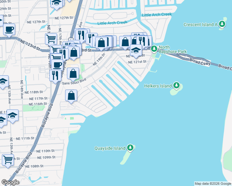 map of restaurants, bars, coffee shops, grocery stores, and more near 1960 Northeast 119th Road in North Miami