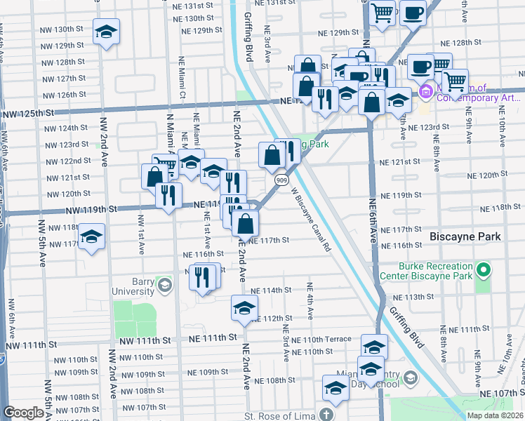 map of restaurants, bars, coffee shops, grocery stores, and more near 11845 West Dixie Highway in Miami