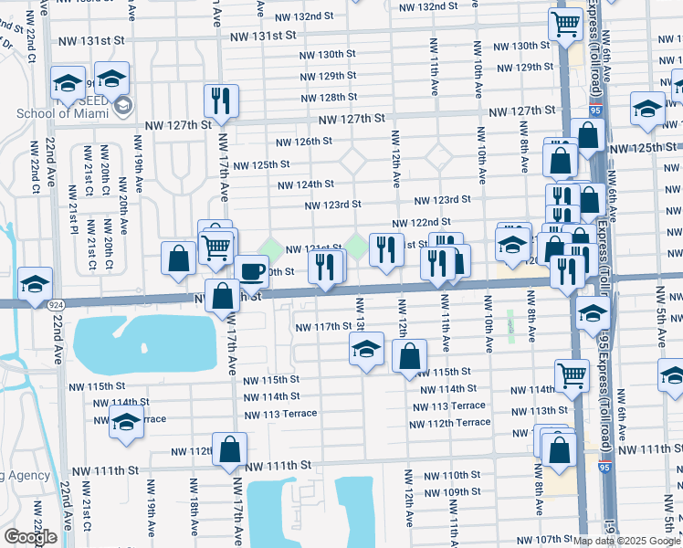 map of restaurants, bars, coffee shops, grocery stores, and more near 1340 Northwest 120th Street in North Miami