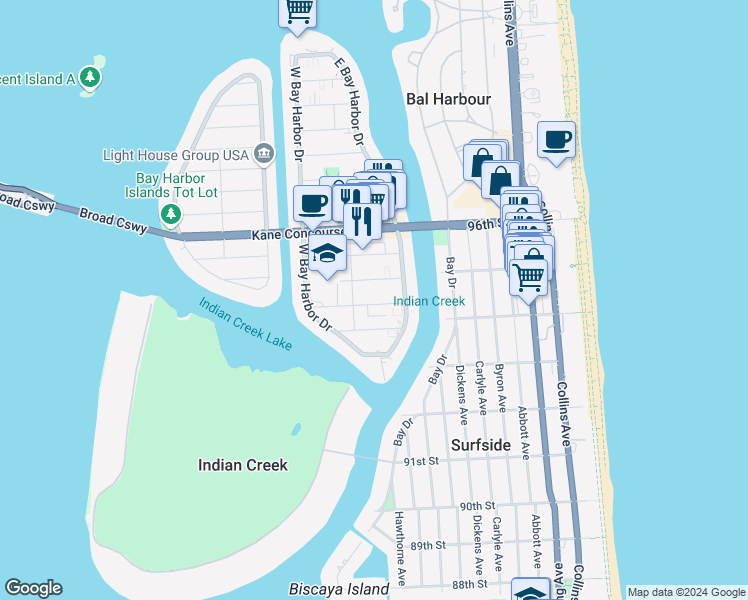 map of restaurants, bars, coffee shops, grocery stores, and more near 1045 93rd Street in Bay Harbor Islands