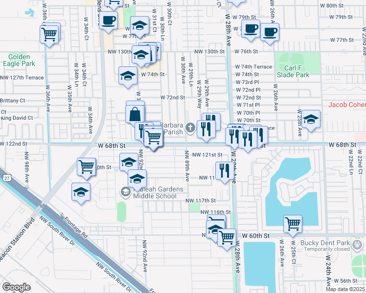map of restaurants, bars, coffee shops, grocery stores, and more near 8921 Northwest 121 Terrace in Hialeah Gardens