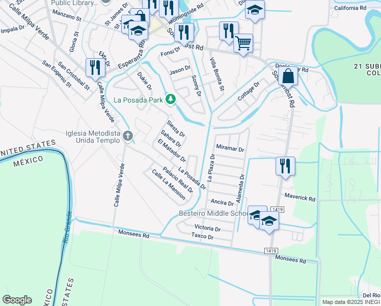 map of restaurants, bars, coffee shops, grocery stores, and more near 105 Casa Blanca Dr in Brownsville