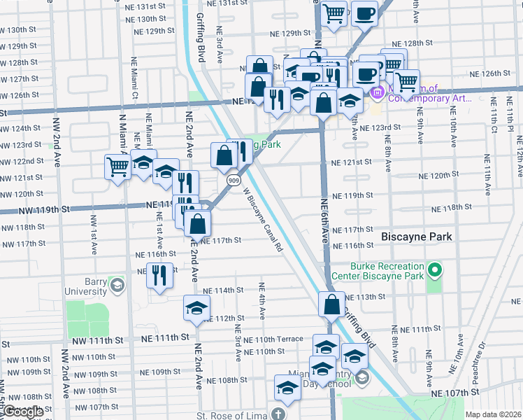 map of restaurants, bars, coffee shops, grocery stores, and more near 11843 West Biscayne Canal Road in Miami