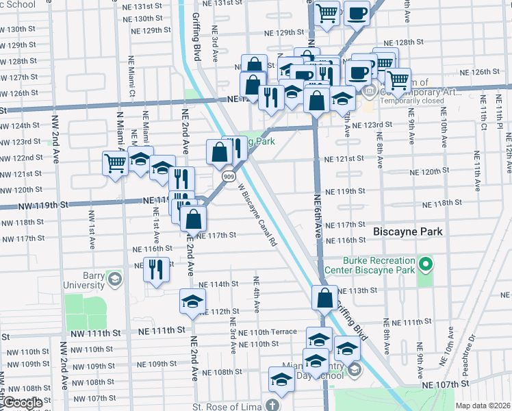 map of restaurants, bars, coffee shops, grocery stores, and more near 11843 West Biscayne Canal Road in Miami