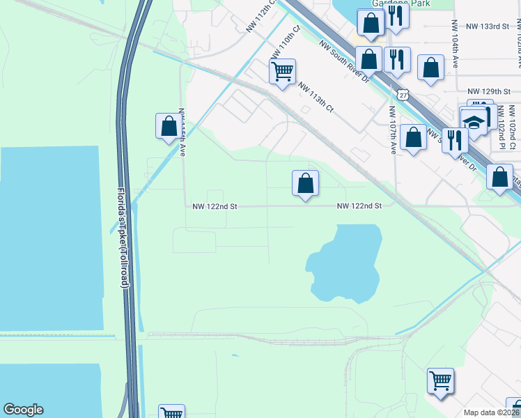 map of restaurants, bars, coffee shops, grocery stores, and more near 11345 Northwest 122nd Street in Medley