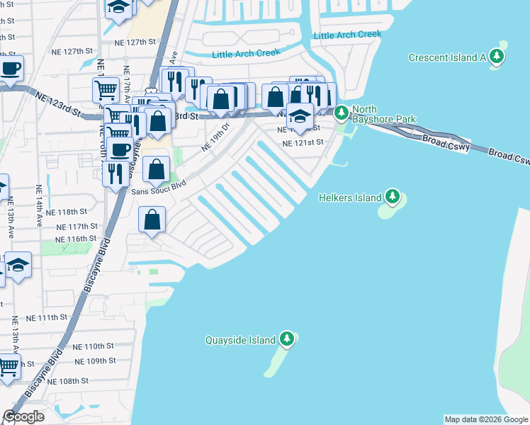 map of restaurants, bars, coffee shops, grocery stores, and more near 1960 Northeast 119th Road in North Miami
