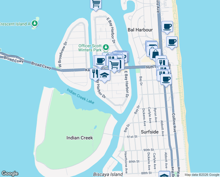 map of restaurants, bars, coffee shops, grocery stores, and more near 9300 Bay Harbor Terrace in Bay Harbor Islands