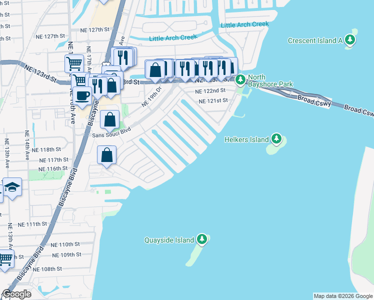 map of restaurants, bars, coffee shops, grocery stores, and more near 1960 Northeast 119th Road in North Miami