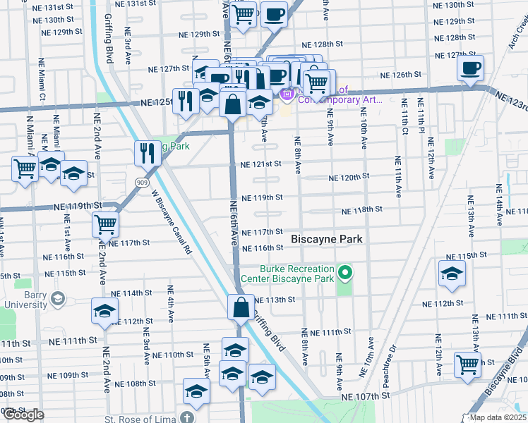 map of restaurants, bars, coffee shops, grocery stores, and more near 11827 Northeast 7th Avenue in Biscayne Park