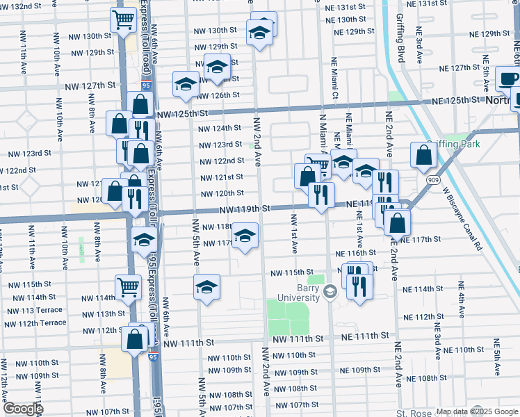 map of restaurants, bars, coffee shops, grocery stores, and more near in North Miami