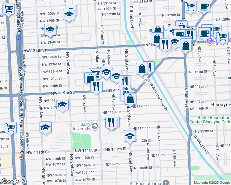 map of restaurants, bars, coffee shops, grocery stores, and more near 114 Northeast 119th Street in Miami