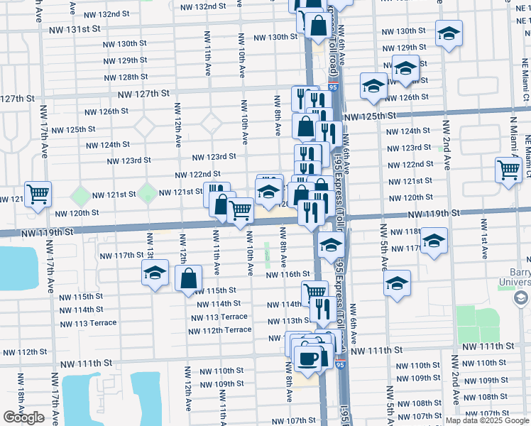 map of restaurants, bars, coffee shops, grocery stores, and more near 843 Northwest 119th Street in North Miami