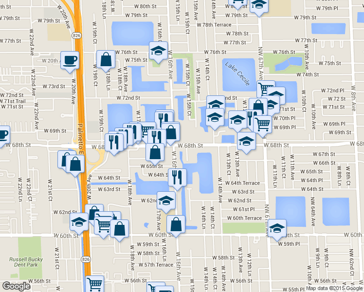 map of restaurants, bars, coffee shops, grocery stores, and more near 1558 West 68th Street in Hialeah