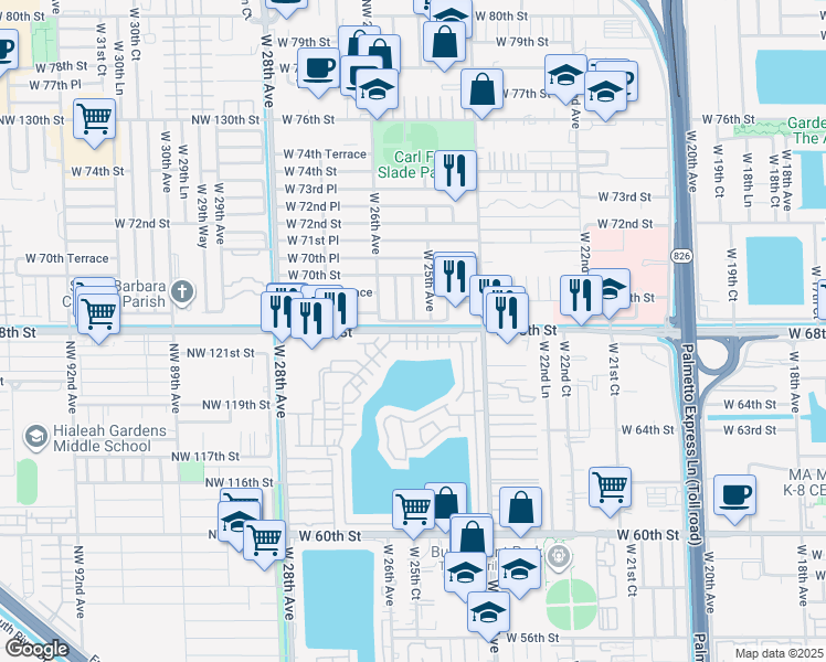 map of restaurants, bars, coffee shops, grocery stores, and more near 39 West 68th Street in Hialeah