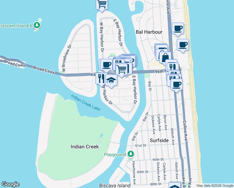 map of restaurants, bars, coffee shops, grocery stores, and more near 9300 Bay Harbor Terrace in Bay Harbor Islands