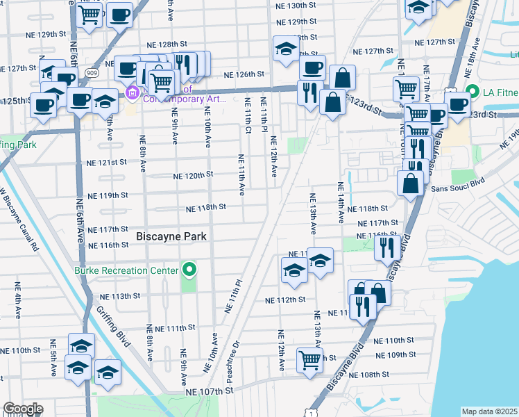 map of restaurants, bars, coffee shops, grocery stores, and more near 1106 Northeast 118th Street in Biscayne Park