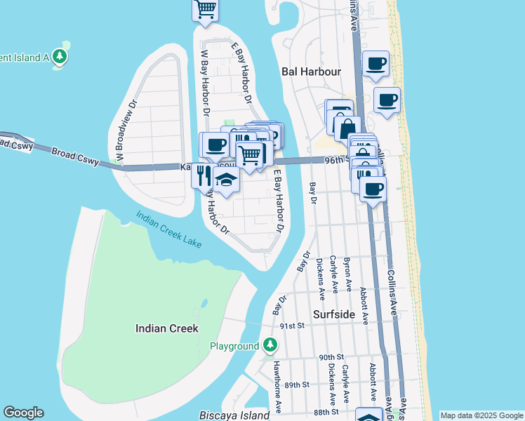 map of restaurants, bars, coffee shops, grocery stores, and more near 1045 93rd Street in Bay Harbor Islands