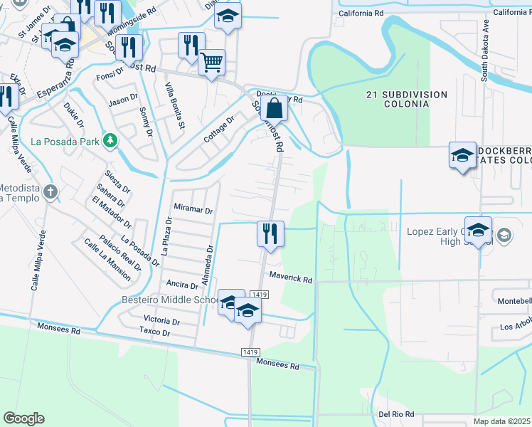 map of restaurants, bars, coffee shops, grocery stores, and more near 5832 Southmost Road in Brownsville