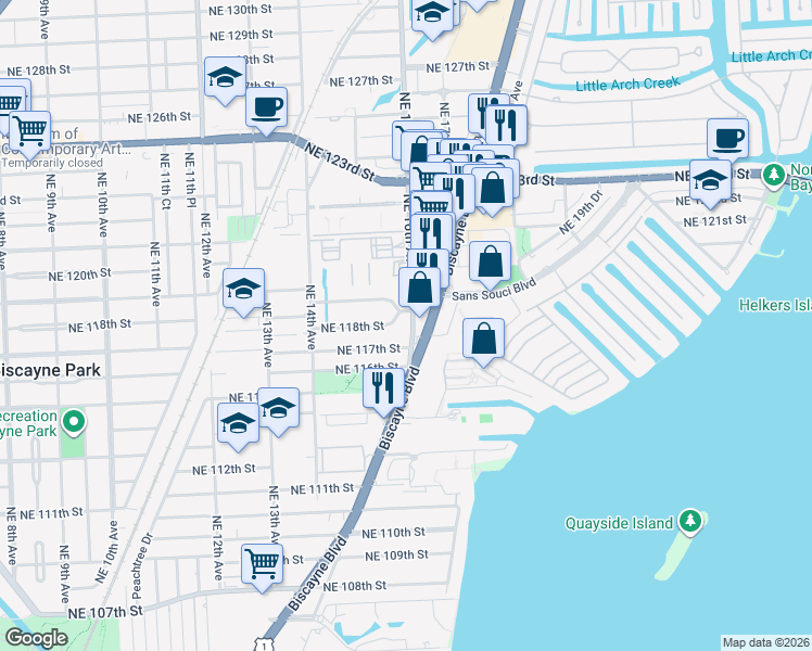 map of restaurants, bars, coffee shops, grocery stores, and more near 103 Northeast 16th Avenue in Miami