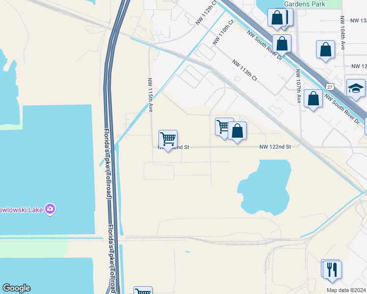 map of restaurants, bars, coffee shops, grocery stores, and more near 11383 Northwest 122nd Street in Miami