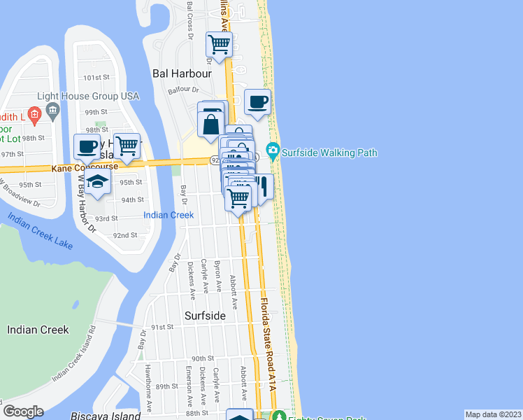 map of restaurants, bars, coffee shops, grocery stores, and more near 9449 Collins Avenue in Surfside