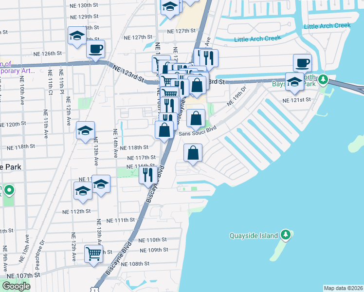 map of restaurants, bars, coffee shops, grocery stores, and more near 11680 Northeast 18th Drive in North Miami