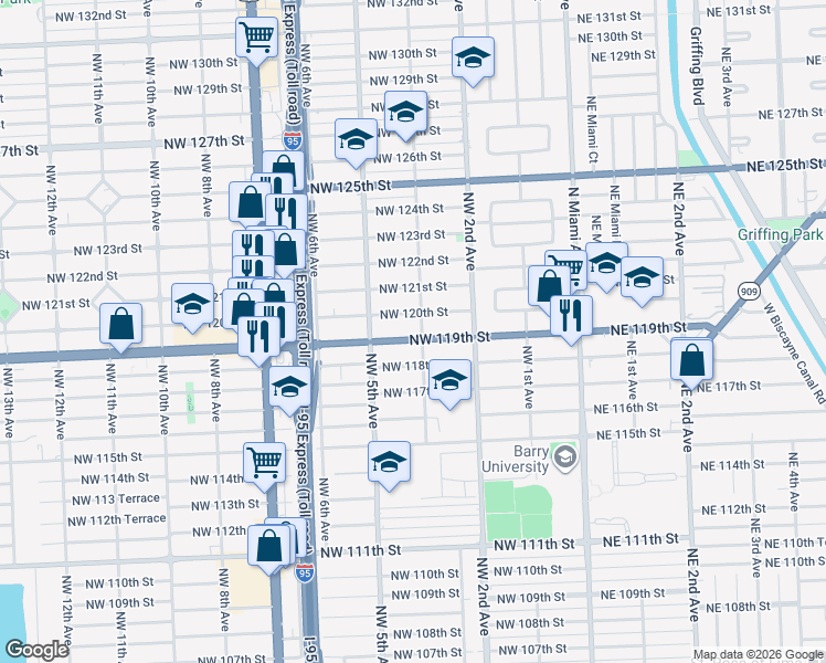 map of restaurants, bars, coffee shops, grocery stores, and more near 319 Northwest 119th Street in Miami