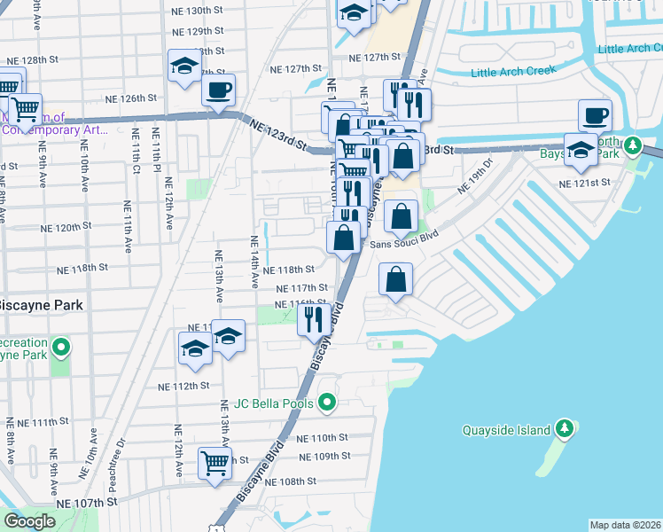 map of restaurants, bars, coffee shops, grocery stores, and more near 103 Northeast 16th Avenue in Miami