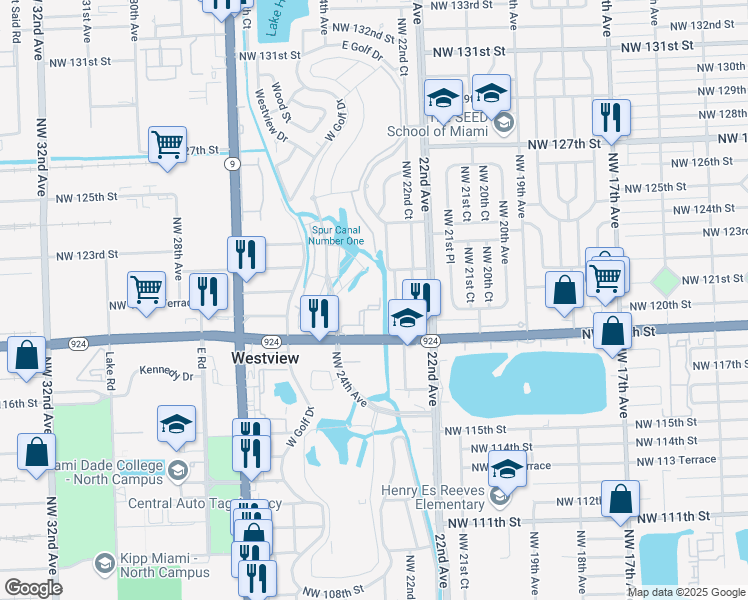 map of restaurants, bars, coffee shops, grocery stores, and more near 2351 Northwest 119th Street in Miami