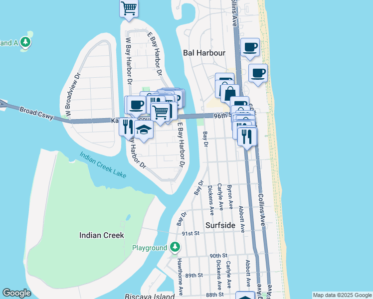 map of restaurants, bars, coffee shops, grocery stores, and more near 9301 East Bay Harbor Drive in Bay Harbor Islands