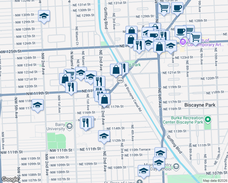 map of restaurants, bars, coffee shops, grocery stores, and more near 11845 West Dixie Highway in Miami