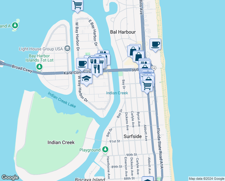 map of restaurants, bars, coffee shops, grocery stores, and more near 9301 East Bay Harbor Drive in Bay Harbor Islands