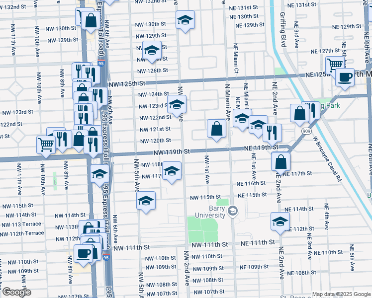map of restaurants, bars, coffee shops, grocery stores, and more near in North Miami