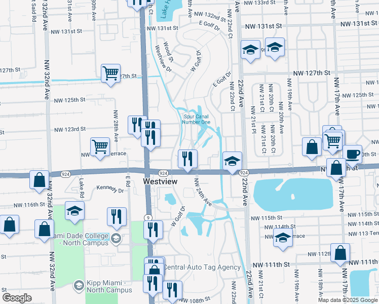 map of restaurants, bars, coffee shops, grocery stores, and more near 12198 East Golf Drive in Miami