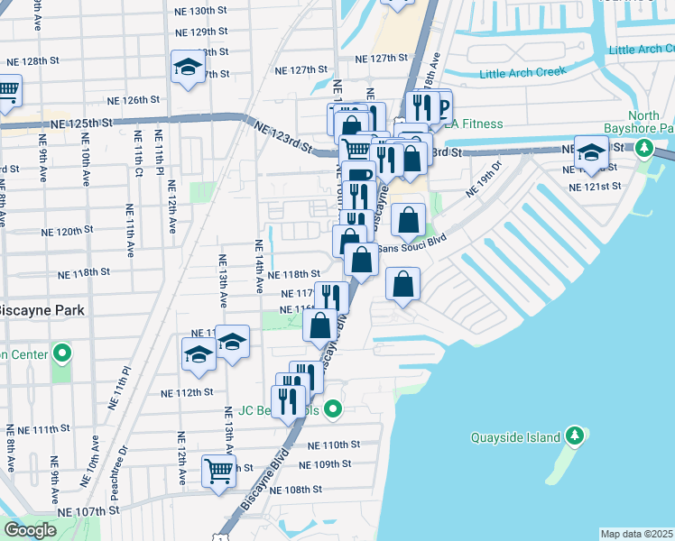 map of restaurants, bars, coffee shops, grocery stores, and more near 11750 Northeast 16th Avenue in Miami