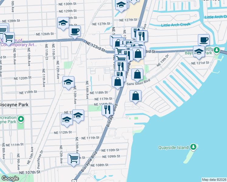 map of restaurants, bars, coffee shops, grocery stores, and more near 11750 Northeast 16th Avenue in Miami