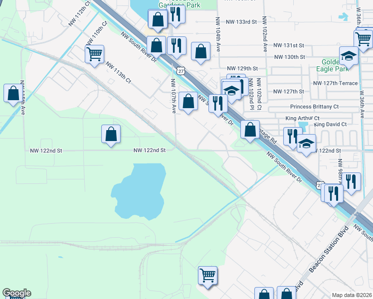 map of restaurants, bars, coffee shops, grocery stores, and more near 10615 Northwest 122nd Street in Medley