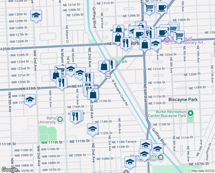 map of restaurants, bars, coffee shops, grocery stores, and more near 300 Northeast 118th Terrace in Miami
