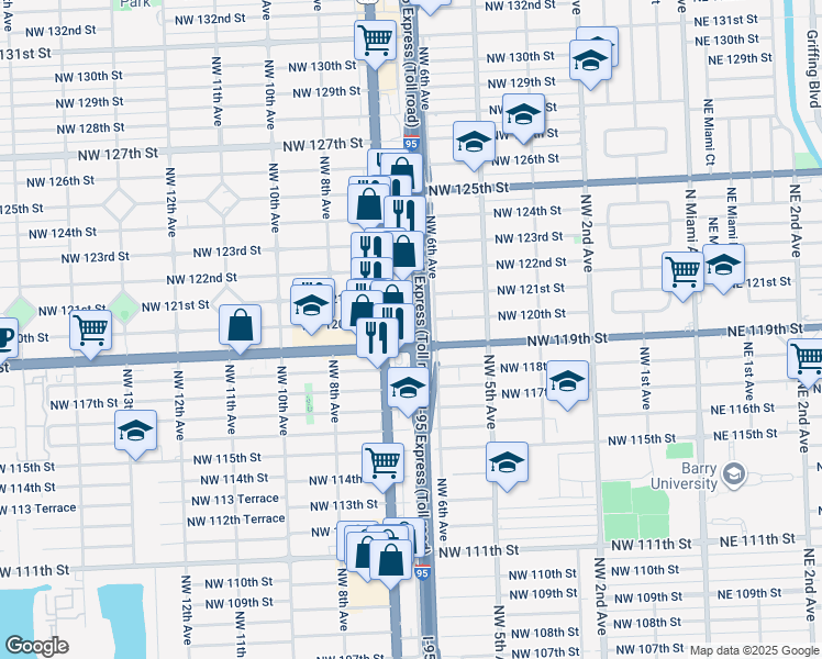 map of restaurants, bars, coffee shops, grocery stores, and more near 650 Northwest 120th Street in North Miami