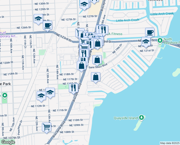 map of restaurants, bars, coffee shops, grocery stores, and more near 11680 Northeast 18th Drive in North Miami