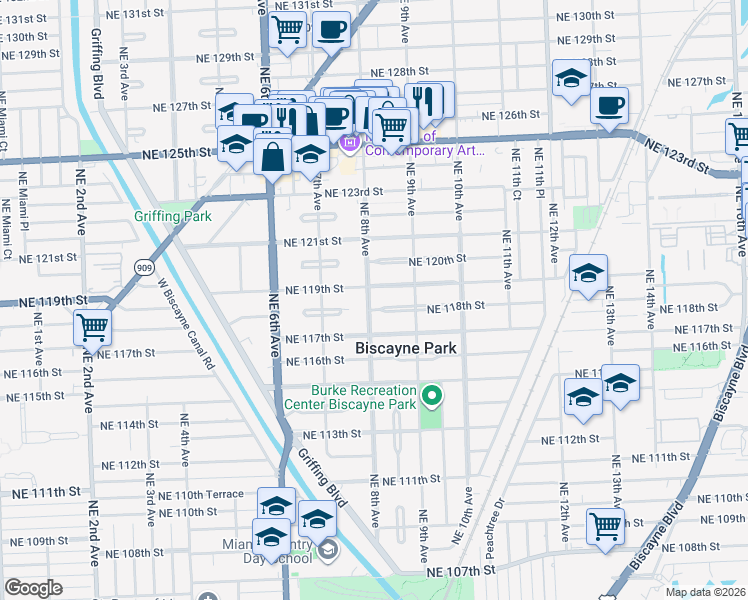 map of restaurants, bars, coffee shops, grocery stores, and more near 11800 Northeast 8th Avenue in Biscayne Park