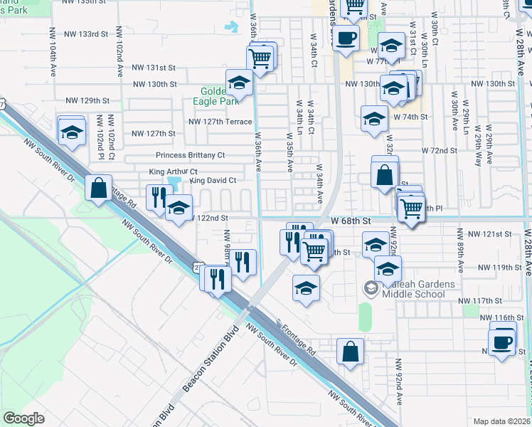 map of restaurants, bars, coffee shops, grocery stores, and more near 9700 Northwest 122nd Street in Medley