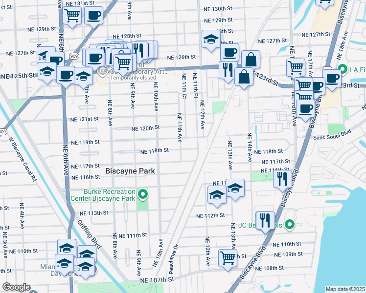 map of restaurants, bars, coffee shops, grocery stores, and more near 11801 Northeast 11th Avenue in Biscayne Park